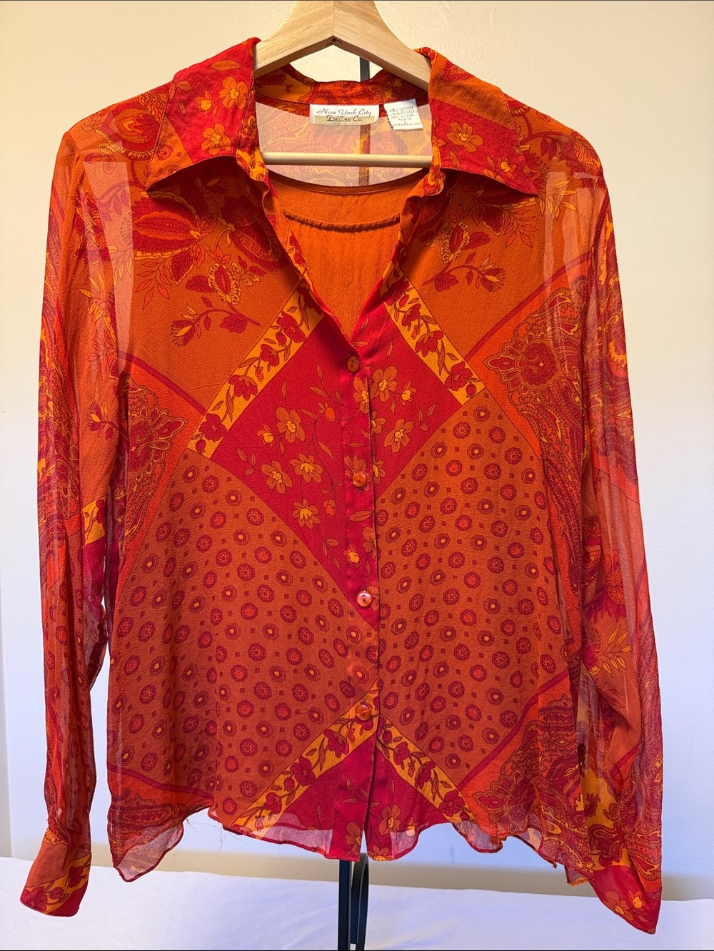 Vintage Sheer Floral Orange and Red Button-Down Blouse
